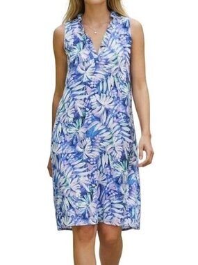 Tommy Bahama Linen Shift Dress Size S Sleeveless Pockets All Over Palm Leaves